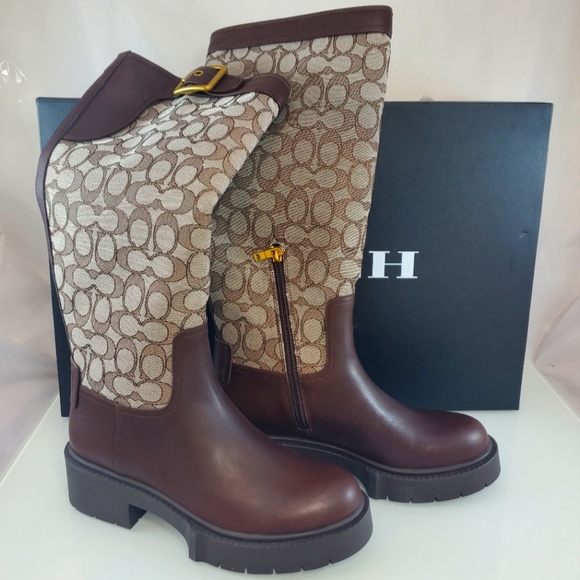 Coach Shoes - NWT$350 COACH Lilli Leather Logo Monogram Jacquard Knee-Length Boots Sz 7.5 (38)